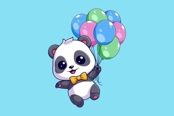 Adorable Panda Graphic: Floating with Balloons for Creative Projects