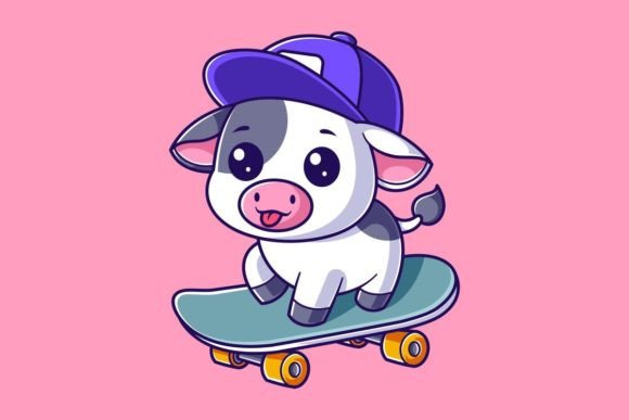 Meet the Adorable Cow Skateboarding Graphic for Your Projects